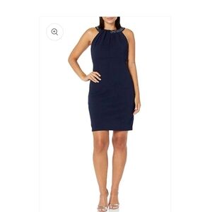 SLNY Twisted-Neck Sz 14 Navy Sleeveless Halter Neck Peep Hole Cocktail Dress